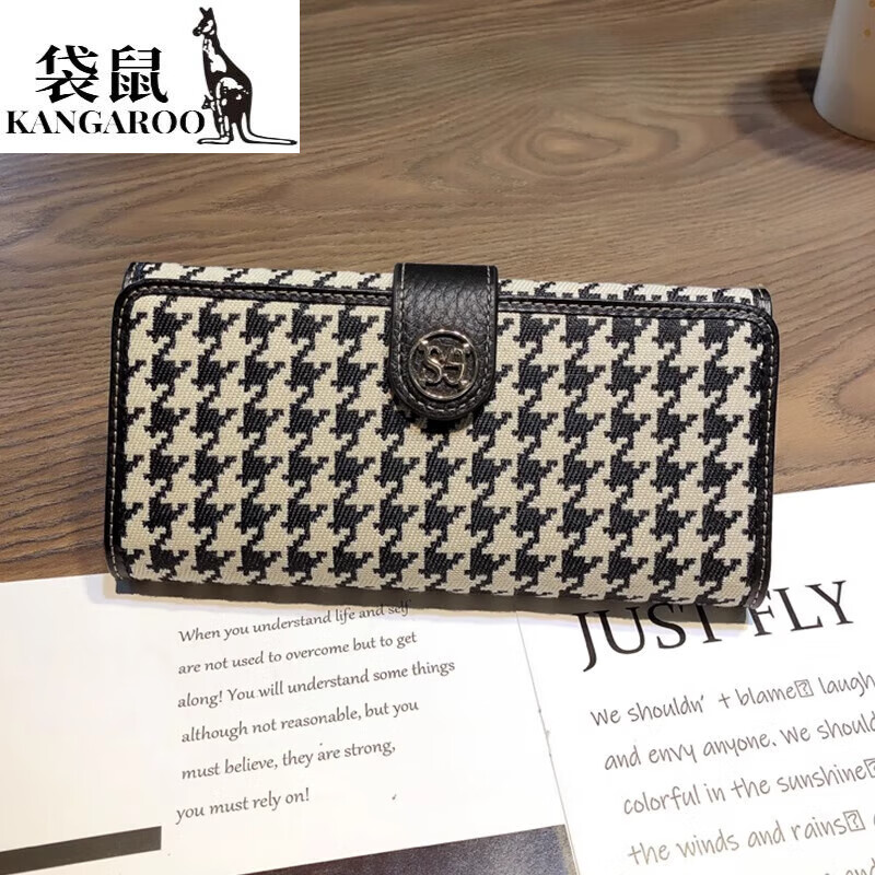 Kangaroo luxury brand Korean style lightweight long wallet for mobile phone, houndstooth bill holder with genuine leather clutch for women, black - first layer of cowhide inside
