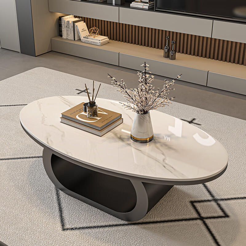 Seaworthy new living room coffee table small apartment simple home modern light luxury high-end Internet celebrity tea table black coffee table slate black frame oval glossy white slate 100
