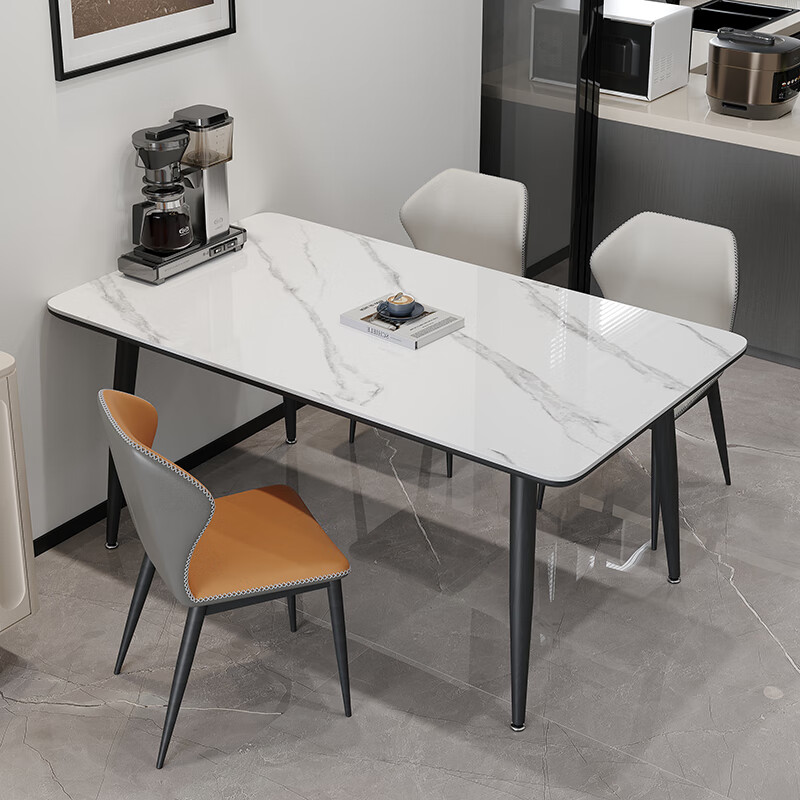 Romantic element full base natural slate dining table bright pure white home small apartment minimalist light luxury family dining table table four chairs (solid wood fiber full base) 130cm *80cm*75cm