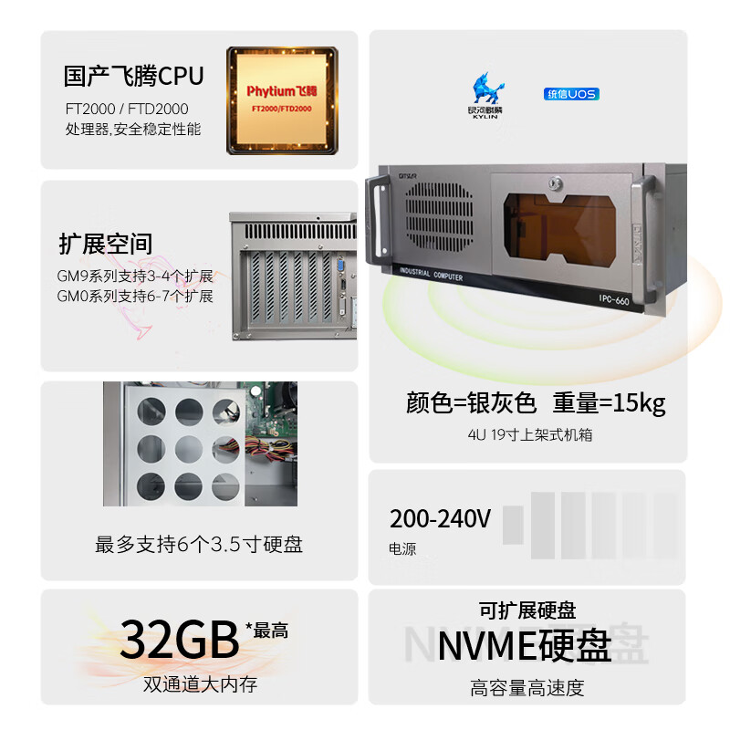 GITSTAR special domestic Feiteng D2000 4U industrial computer IPC-550 integrated graphics D2000/16G/1TSSD/JM9100 2G