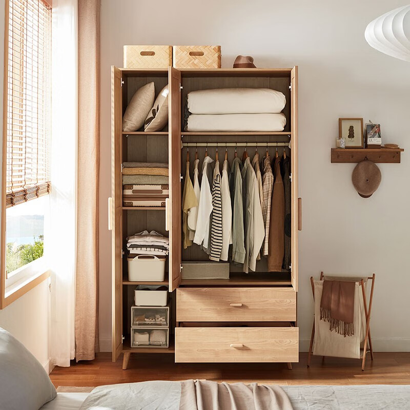 Lin's home log style wardrobe bedroom home simple rental wardrobe double door storage cabinet furniture AC12D 1.58*2.04m four door wardrobe (with drawers)