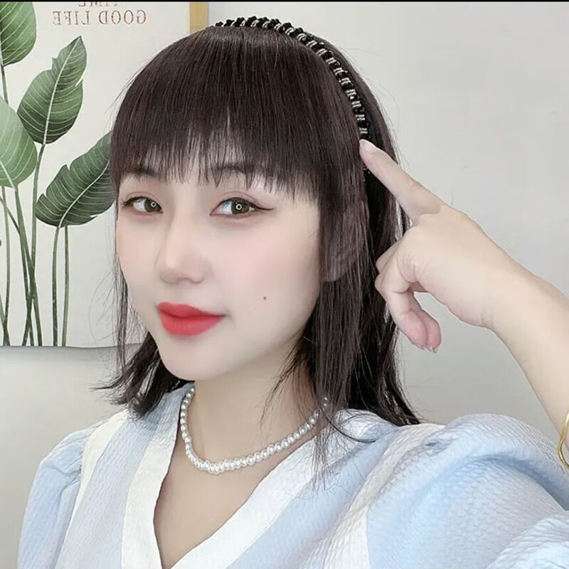 Fiber wig female bangs one-piece rhinestone headband replacement hair piece straight hair wig top cover white hair seamless replacement hair piece full real hair dark brown 25cm