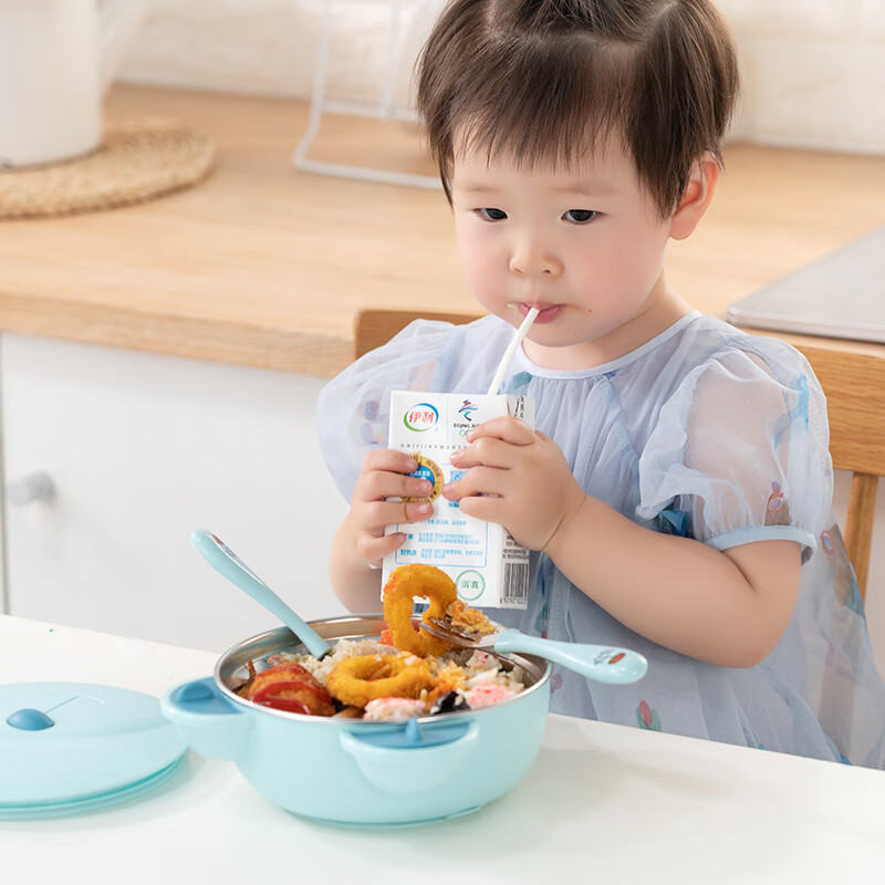 COOKSS Children's Dinner Plate Stainless Steel Compartment Baby Tableware Food Bowl Baby Suction Cup Water Insulated Bowl with Fork Spoon Blue