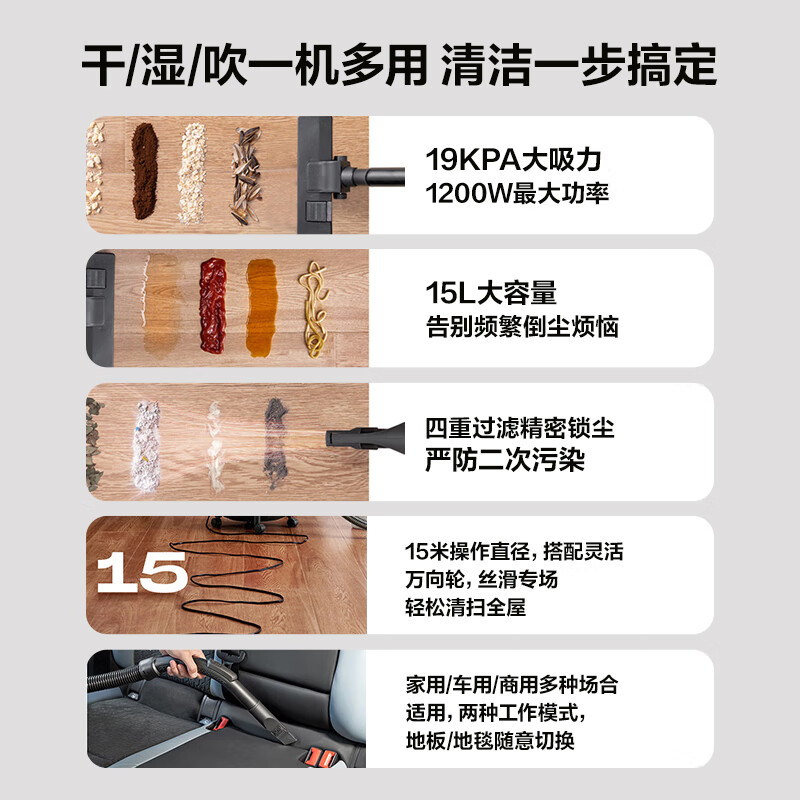 SUPOR New Year's gift bucket vacuum cleaner household high-power land reclamation cleaning special strong high-suction industrial dry and wet blowing vacuum cleaner 15L large capacity 70S