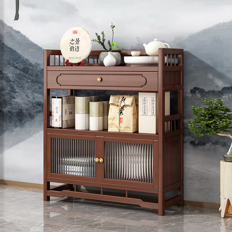 Bamboo Youjia Bogu rack multi-layer tea rack storage rack tea cabinet tea room ornaments display rack new Chinese style Duobao Pavilion tea set rack walnut color three-layer with door with drawer 68 long storage rack