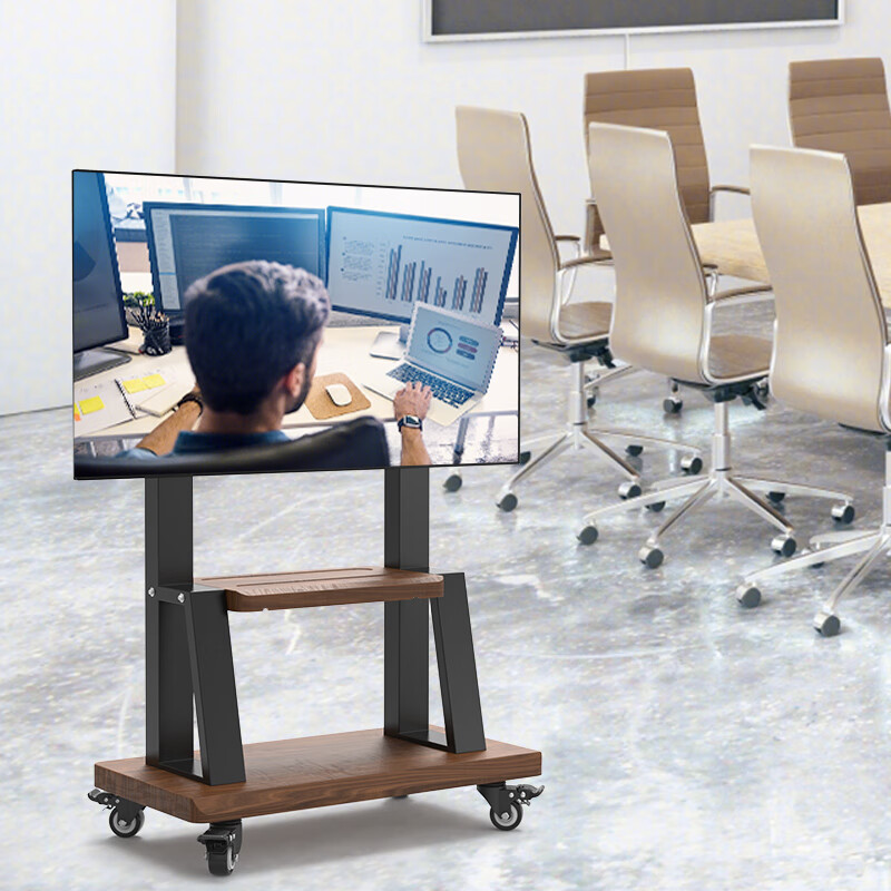 TAZD mobile TV stand (32-100 inches) universal floor-standing TV rack TV cart video conferencing all-in-one display art imitation wood grain shelf 32-75 inches stable upgrade for home and business dual-use