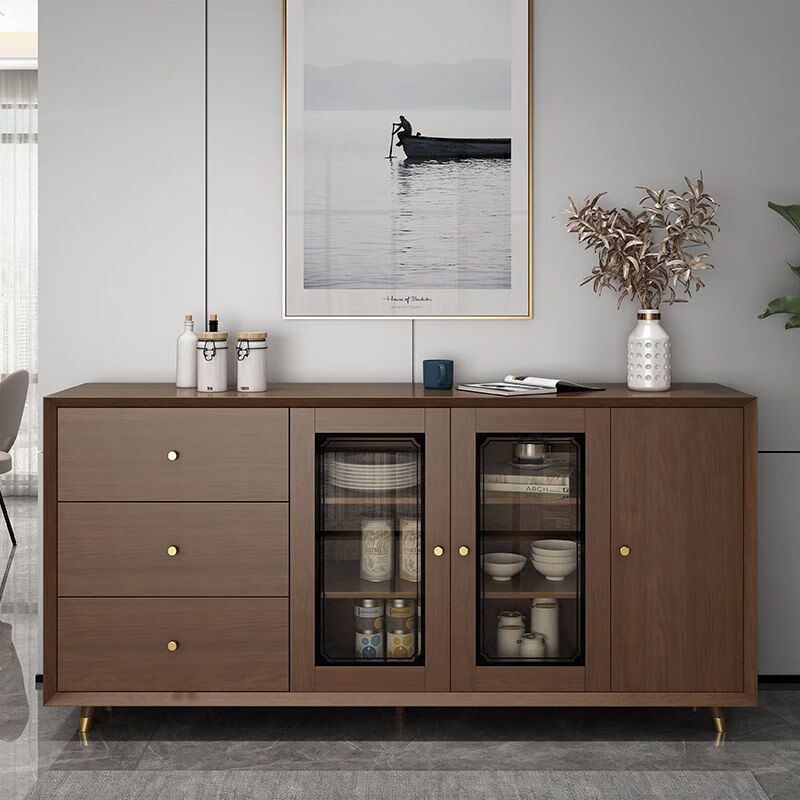 Shanlang solid wood sideboard living room tea cabinet restaurant storage cabinet storage cabinet home wine cabinet multi-functional kitchen bowl cabinet 0.84 m sideboard walnut color installation included