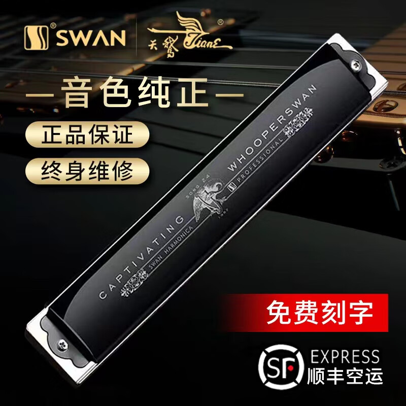 Swan German imported gongs Swan 24-hole polyphonic harmonica in C key for senior adults, beginners, middle-aged and elderly professional playing black 24-hole polyphonic C key