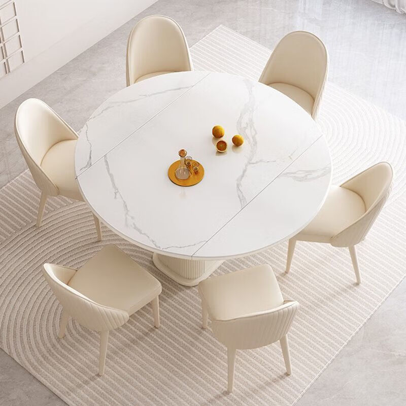 Kongjiang slate dining table telescopic folding storage modern square and round simple dual-purpose household small apartment foldable slate dining table curved sideboard delivery upstairs single table + 4 white leg pumpkin chairs
