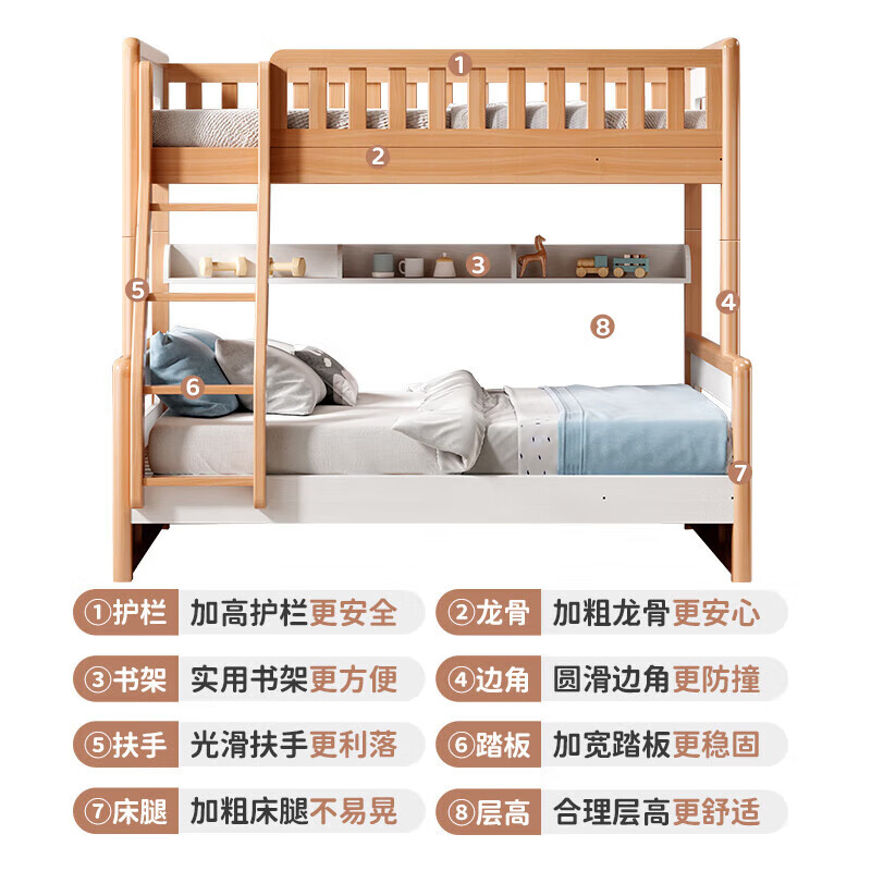 Jingjing Tokyo Home Furnishing Children's Bed AA Grade Beech Heightened Guardrails Solid Wood Bunk Bed High and Low Bed Set