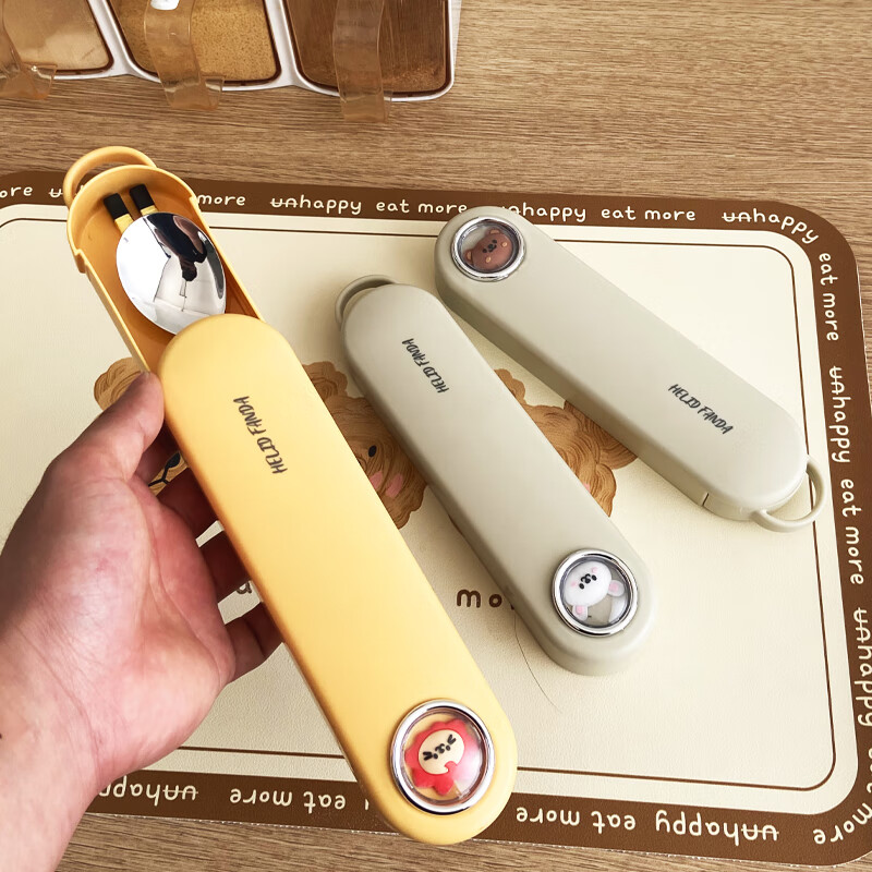 WORTHBUY 316 Stainless Steel Chopsticks and Spoons Cute Portable Tableware Three-piece Set Single Student Takeaway Storage Cutlery Box Doudou Xiong Qingti Green + 304 Chopsticks and Spoons 3-piece Set