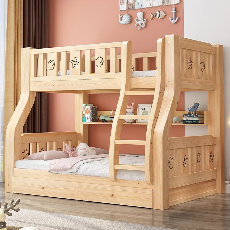 Haona's ready-made bed is all solid wood. The upper and lower solid wood beds for children, boys and girls, mother's bed, single ladder + mattress (no ladder cabinet), upper bunk width 1.15 meters, bottom bunk width 1.35 meters