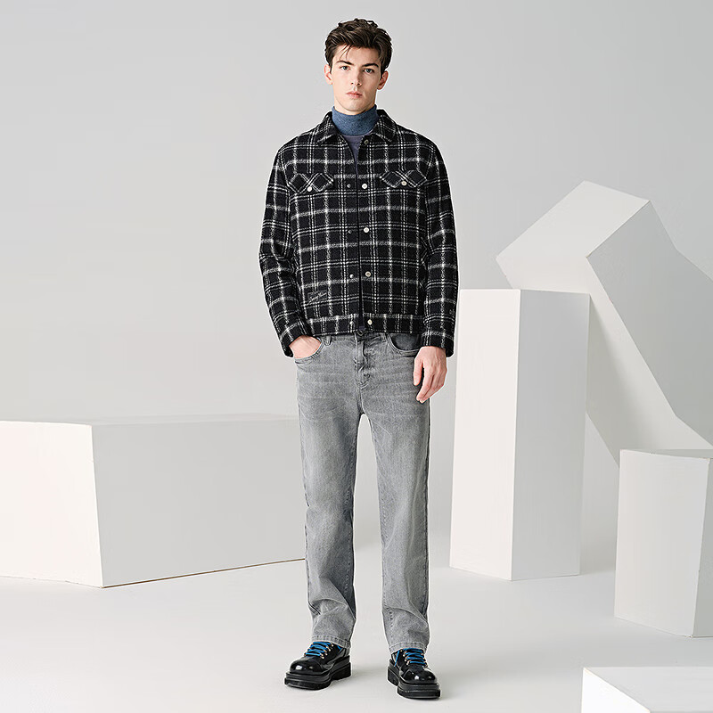 Dances with Wolves Down Liner Autumn and Winter Small Fragrance Style Lapel Plaid Down Jacket Warm Jacket 001 Black 180