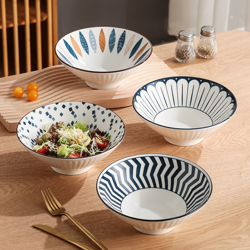 Hegawawu ceramic soup bowl large household large noodle bowl Japanese underglaze color 8-inch large bowl bamboo hat bowl 4 pieces in mixed colors