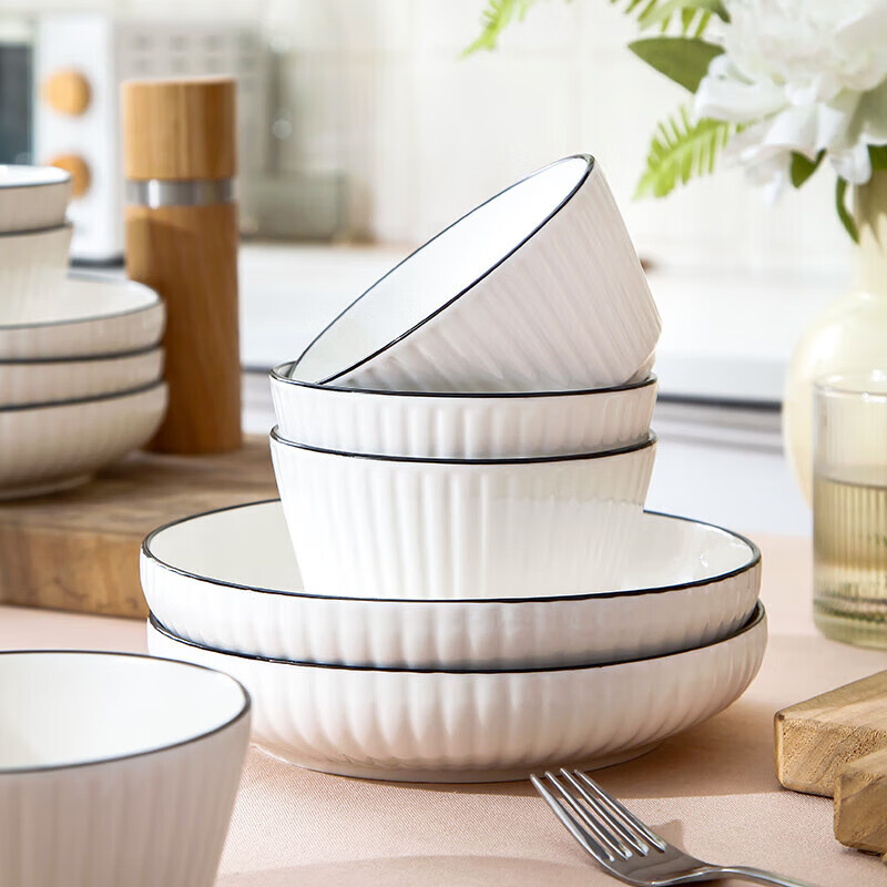 Weimingnuo simple bowls and plates tableware household bowls and chopsticks set combination underglaze color tableware complete set of ceramic bowls and plates vertical pattern 8 heads