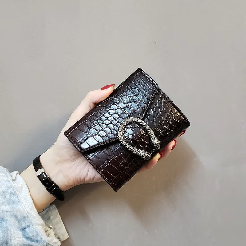 Qingou's new ins Dionysus crocodile pattern women's wallet women's short three-fold small wallet women's coin purse card holder wallet AYX upgraded crocodile pattern wine red