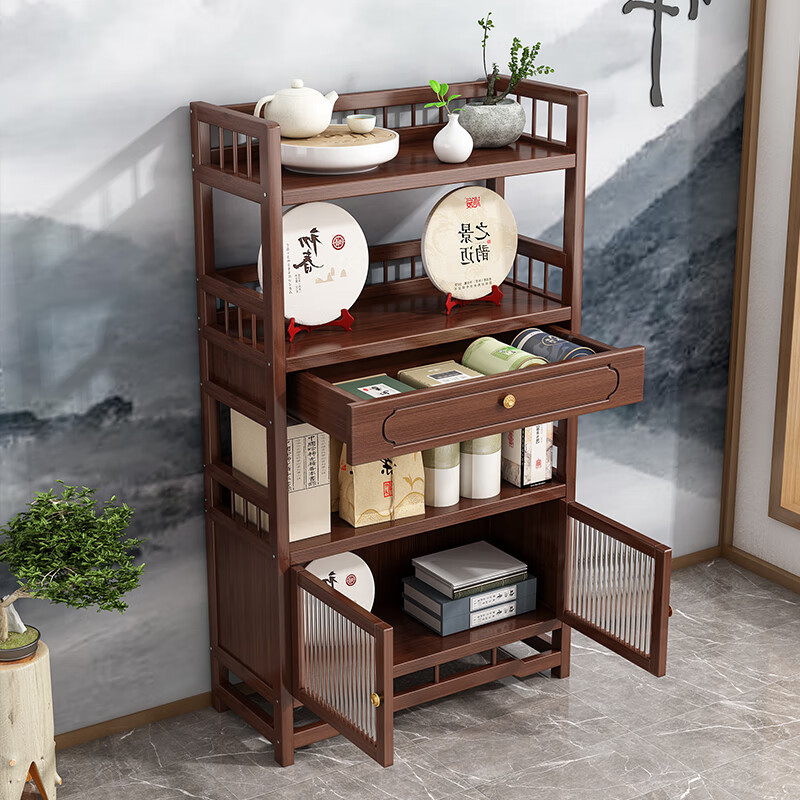 Bamboo Youjia Bogu rack multi-layer tea rack storage rack tea cabinet tea room ornaments display rack new Chinese style Duobao Pavilion tea set rack walnut color three-layer with door with drawer 68 long storage rack