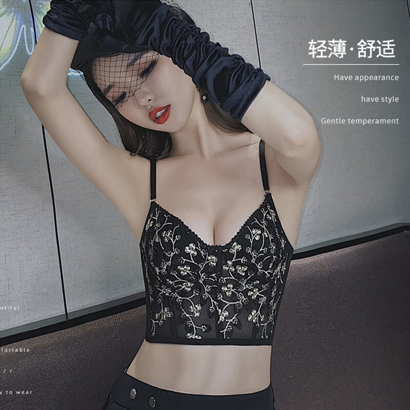Glambody Heavy Embroidery Beautiful Back Bra Women's Small Breast Gathering Summer Thin Sexy Vest Style Wearable Bra Set 682258 Black Set M (Suitable for 70C-75AB)