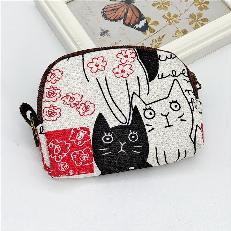Coin purse female small mini Korean ins canvas small purse zipper canvas cotton bag aunt towel storage bag cute fabric card holder coin purse coin purse-multiple cats