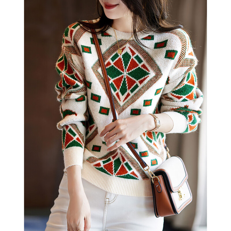De Mana (dme) Geometric Knitted Sweater Spring and Autumn Commuting Round Neck Drop Shoulder Long Sleeve Slightly Elastic Simple Sweater for Women