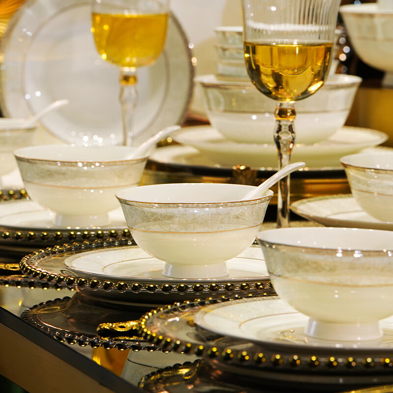 NINE CRANES Jingdezhen tableware set, housewarming gift, ceramic bowl and plate set, household light luxury porcelain bowl and plate set, suitable for microwave oven, 10-person accessory pot, 56-piece set