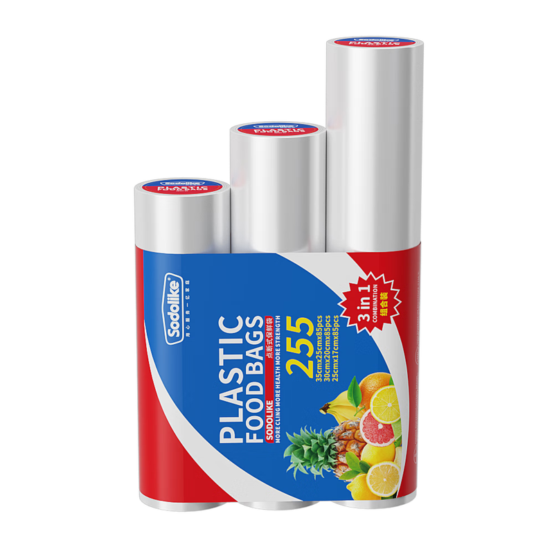 Sodolike Shangdao flat-mouth point-breaking fresh-keeping bags 3-roll combination pack with a total of 255 thickened plastic food bags disposable