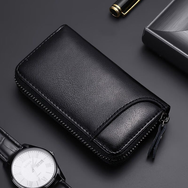Bear Tourist New Leather Key Bag Multifunctional Car Zipper Universal Men's Waist Hanger Hand Holder Women's Home Key Bag Card Holder Black No Hook