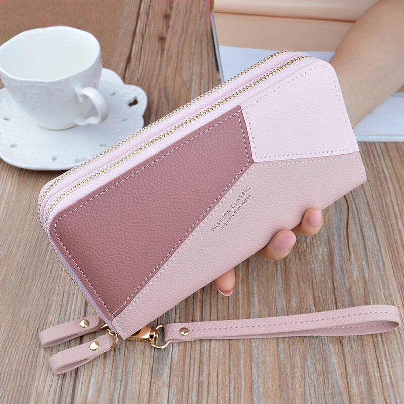 Simple cloth 2021 new double zipper hand wallet women's long style stitching contrasting color large capacity double layer wallet mobile phone small bag blue