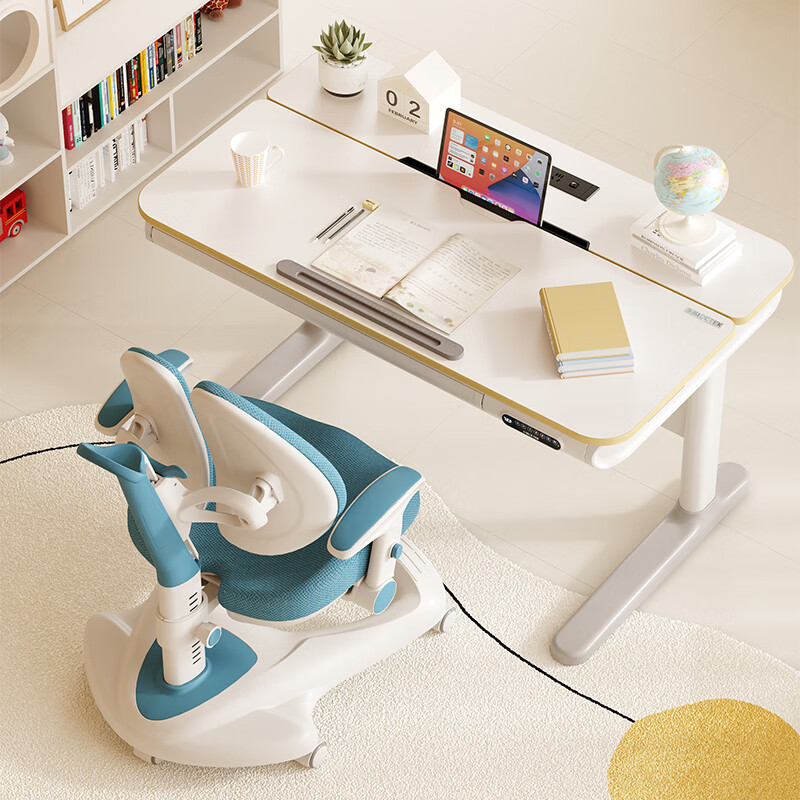Loctek children's study table solid wood electric lift table for all ages primary school writing desk T4+A31 blue+bookshelf