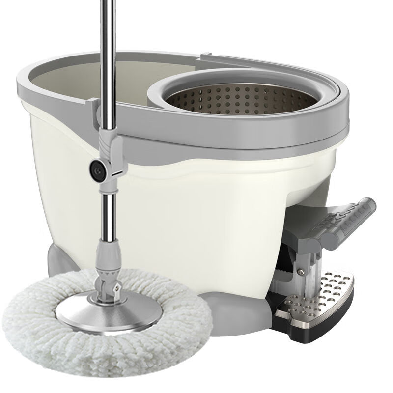 Rotating mop rod, universal automatic water throw, foot pedal, mop bucket, mop, one mop, lazy hand-free hand washable mop, off-white 2023 upgraded four-drive pedal, 1 reinforced rod + stainless steel plate