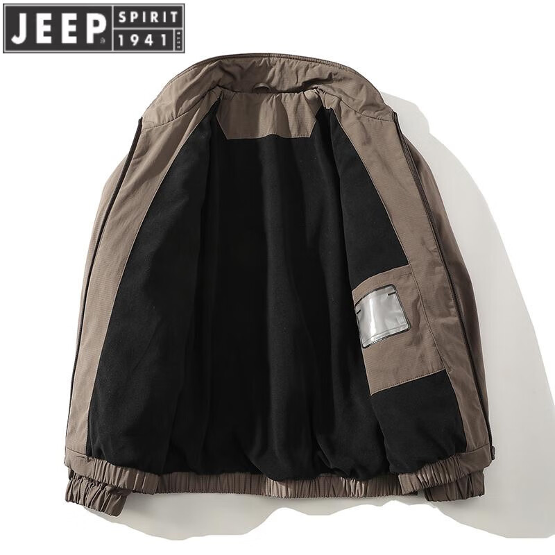 JEEP SPIRIT winter stand collar American short handsome bomber jacket cotton coat plus velvet thickened jacket men's top khaki 2XL (175-200)