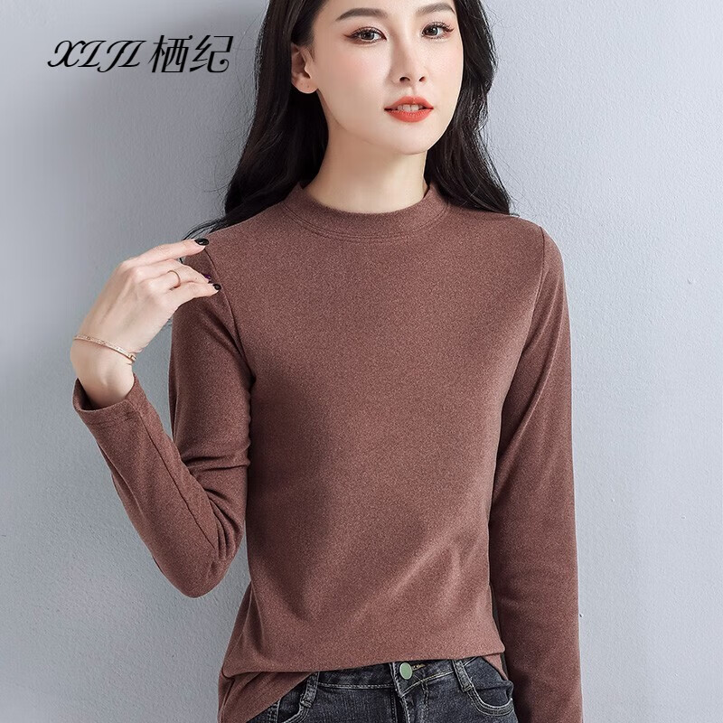 Qiji DeRong half turtleneck bottoming shirt for women in autumn and winter, western style plus velvet thickened warm top with long-sleeved autumn coat, brown L, recommended (100-110 catties)