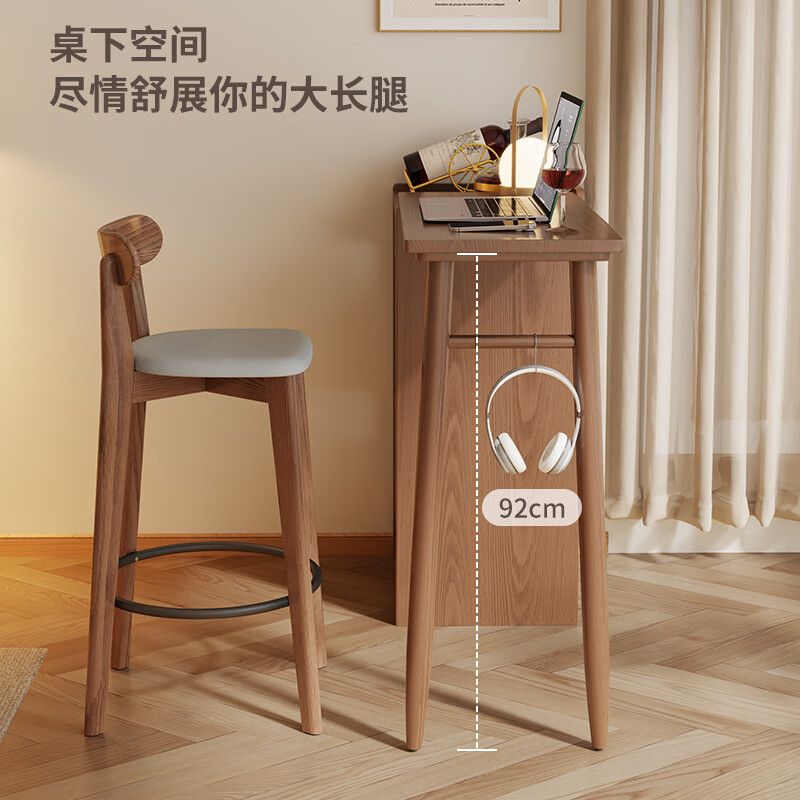 Solid wood bar table small apartment sofa side cabinet telescopic storage cabinet sideboard integrated wall island dining table 1.2 meters solid wood telescopic bar table + 1 bar chair - walnut color - installation included