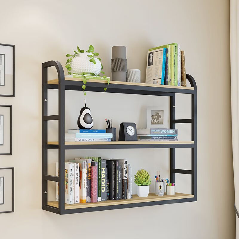 Wall bookshelf, wrought iron storage rack, kitchen, living room, bedroom, wall flower rack, wine rack, children's one-word partition storage cabinet, light walnut panel + black shelf, second floor length 40 width 24 height 50 (regular style)