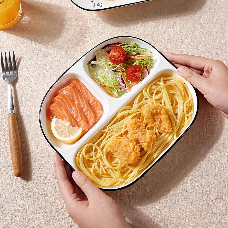 Baijie ceramic fat-reduced quantitative dinner plate 211 household divided dinner plate breakfast plate dumpling plate fruit plate three grids 8.6 inches