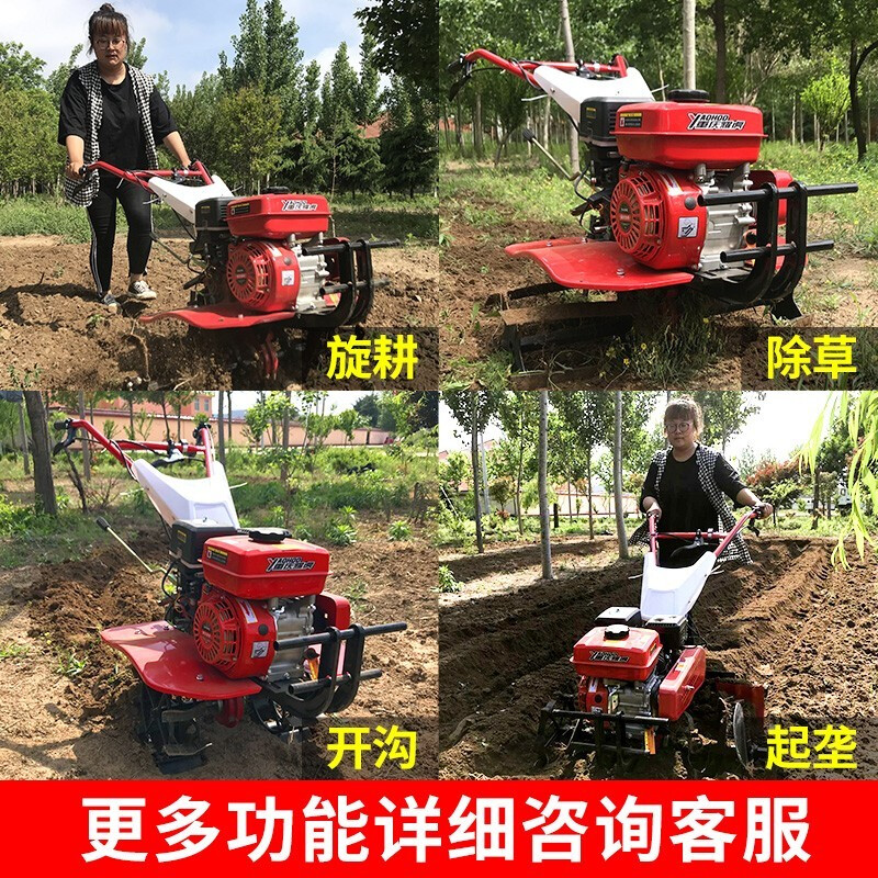 Cottage two-wheel drive micro-tiller, multi-functional small tillage machine, agricultural mountainous land weeding, ditching and soil loosening tractor 170F gasoline model + rotary blade rubber wheel