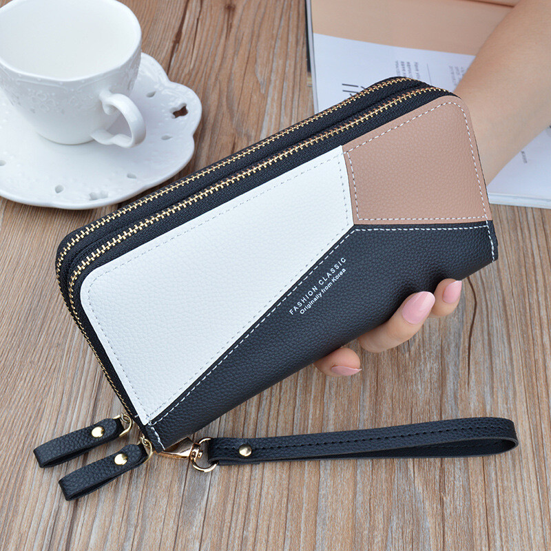 Simple cloth 2021 new double zipper hand wallet women's long style stitching contrasting color large capacity double layer wallet mobile phone small bag blue