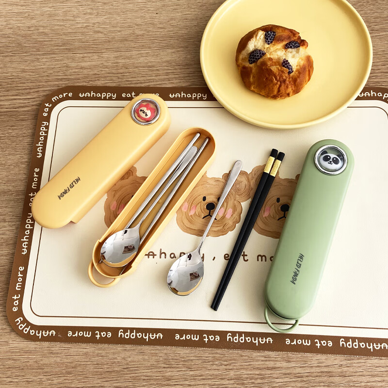 WORTHBUY 316 Stainless Steel Chopsticks and Spoons Cute Portable Tableware Three-piece Set Single Student Takeaway Storage Cutlery Box Doudou Xiong Qingti Green + 304 Chopsticks and Spoons 3-piece Set