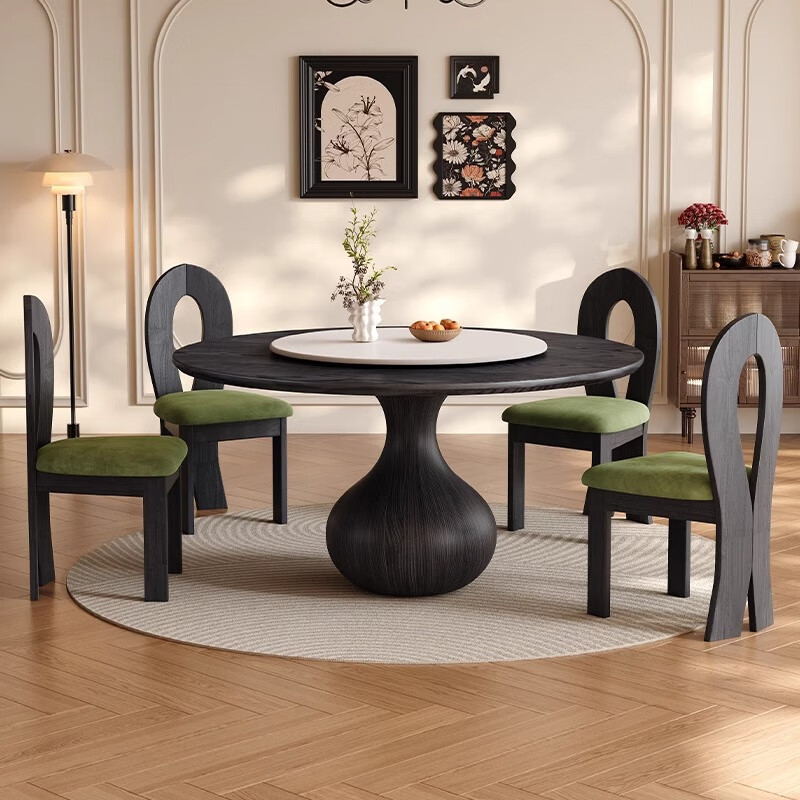 Harmony City Craftsman drop-shaped round table in antique style retro French style with turntable slate solid wood dining room living room home high-end dining table medium antique color 1.2 meters single dining table 80cm slate turntable