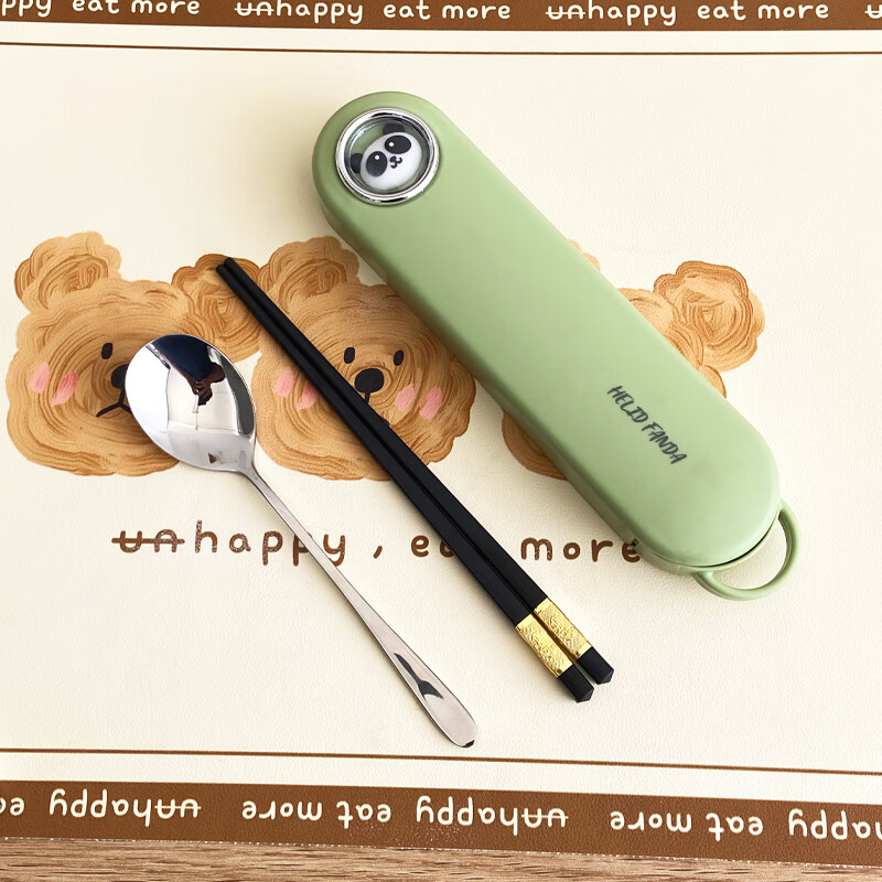 WORTHBUY 316 Stainless Steel Chopsticks and Spoons Cute Portable Tableware Three-piece Set Single Student Takeaway Storage Cutlery Box Doudou Xiong Qingti Green + 304 Chopsticks and Spoons 3-piece Set