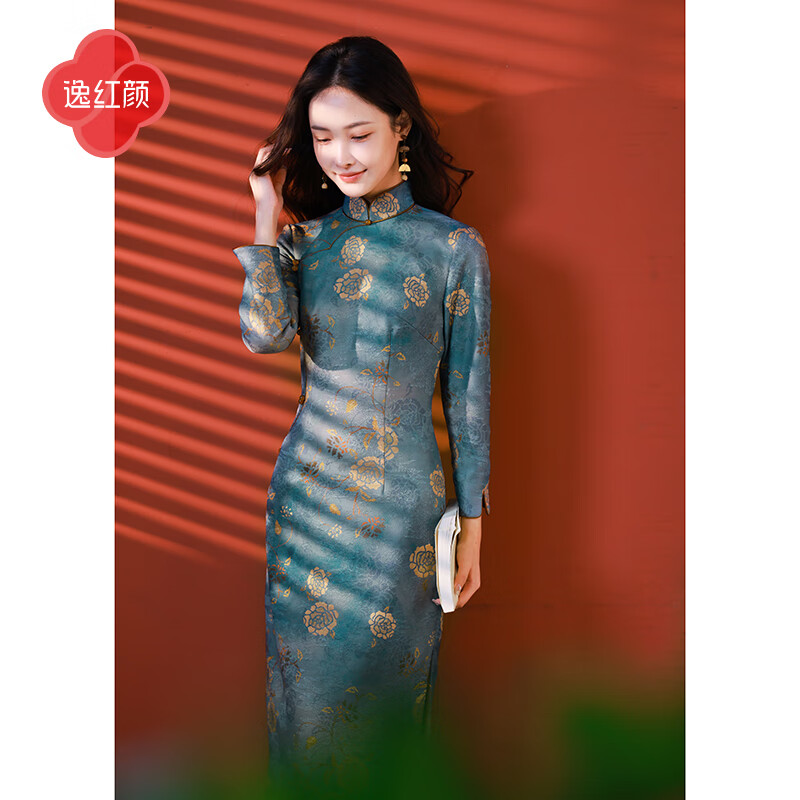 E.Beauty Luoran 2025 Autumn New Thick Knitted Jacquard New Chinese Style Elegant Literary Cheongsam for Women Blue Green L