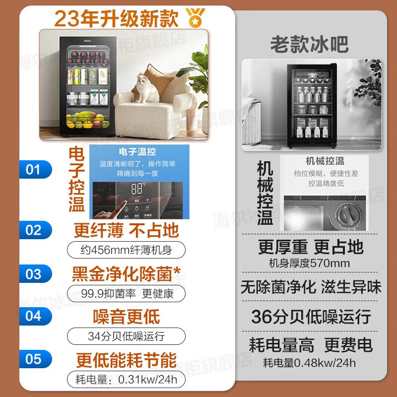 Haier Spot Special Ticket Small Ice Bar Living Room Home Office Mini Beverage Cabinet Single Door Embedded Refrigerator Beauty Tea Refrigerator E-Sports B&B Hotel First Class Energy Efficiency High 0.85m Electronic Temperature Control丨Black Gold Purification丨Piano Black 92L