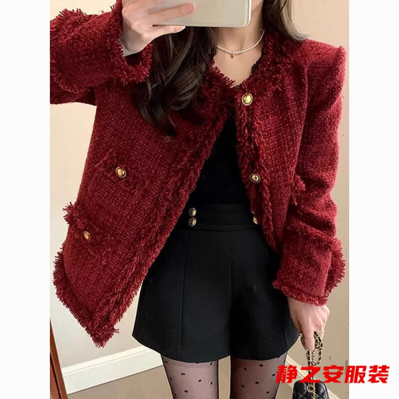 Ma Feixuan French style red small fragrant coat for women in autumn and winter new style ladylike short tweed top burgundy - autumn and winter coat for women with velvet S - autumn and winter coat for women with velvet