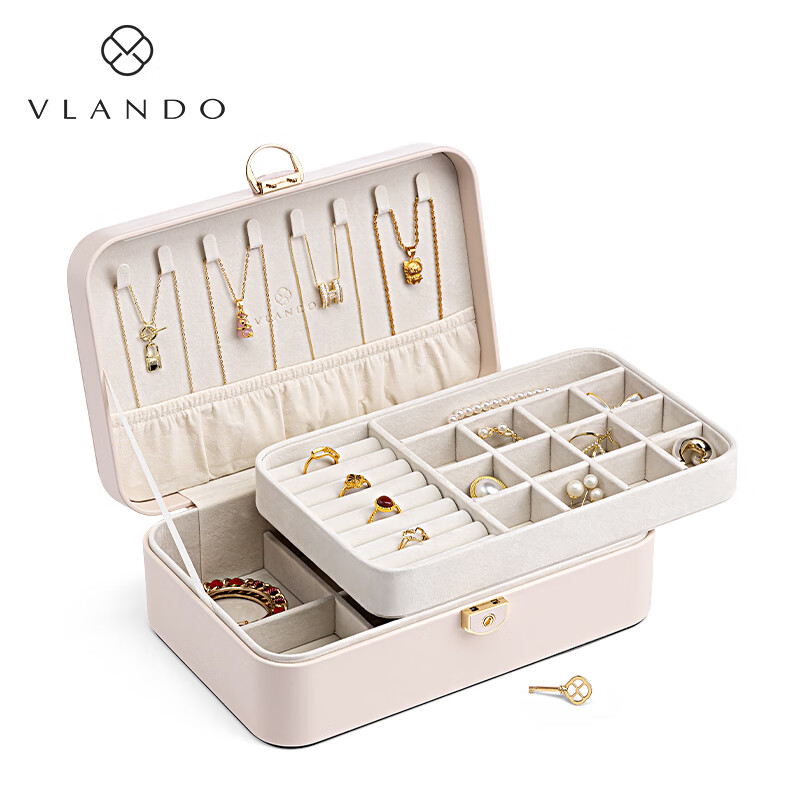 VLANDO double-layer lockable jewelry box travel portable anti-oxidation earrings necklace hair accessories storage box birthday gift
