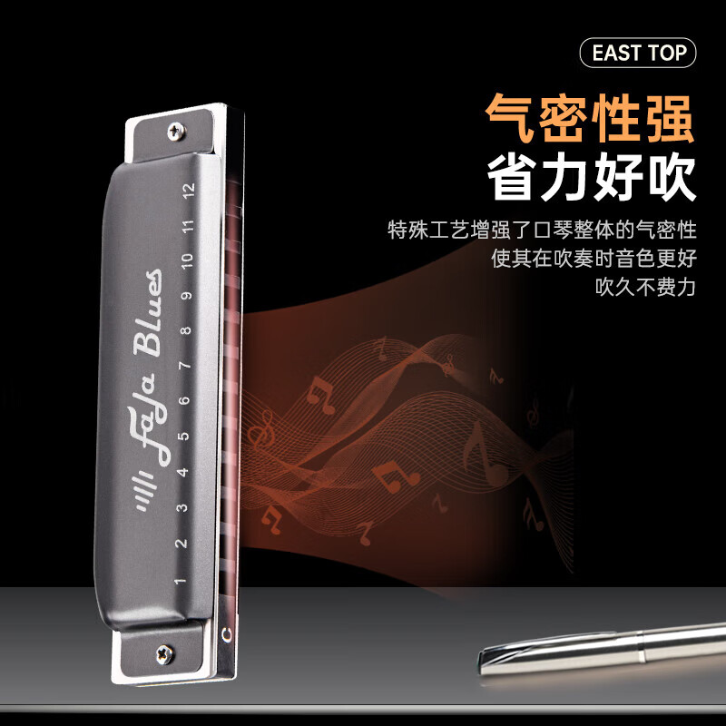 Dongfang Ding FALA blues harmonica 12-hole metal lattice adult professional performance level practice 12-hole black Bb key metal lattice