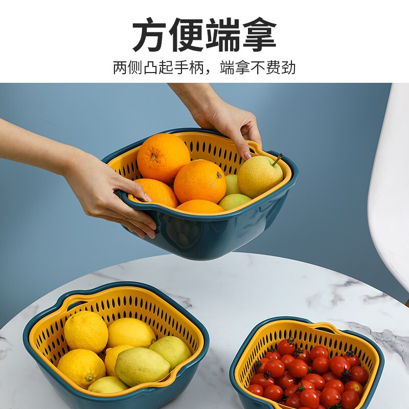 Bobenjia Double-layered Sink Drain Basket Kitchen Fruit Plate Six-piece Set Living Room Tea and Household Vegetable Basket - Blue and Yellow Small + Medium + Large