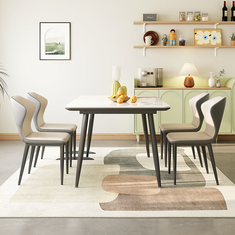 Romantic element full base natural slate dining table bright pure white home small apartment minimalist light luxury family dining table table four chairs (solid wood fiber full base) 130cm *80cm*75cm