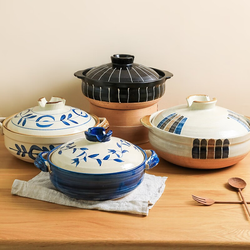 Fourth month Japanese wide-mouthed flat-bottomed clay pot household clay pot rice casserole small soup stew pot gas stove for home use Sancai 3-4 servings丨1-year burnt replacement 2.2L