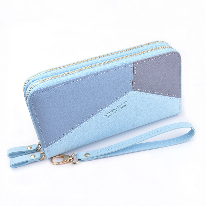Simple cloth 2021 new double zipper hand wallet women's long style stitching contrasting color large capacity double layer wallet mobile phone small bag blue
