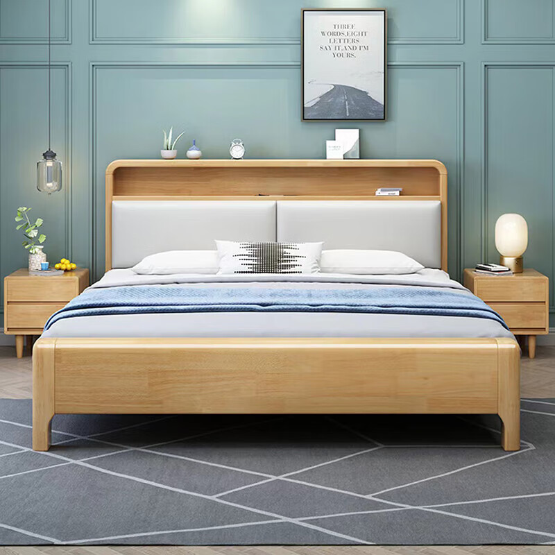 Jinxing white solid wood bed Nordic modern 1.8m single double bed master bedroom high box storage luminous soft back bed with lights single bed (three colors optional) 1.5m*2m silent frame style